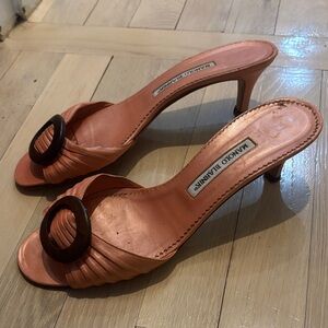 Vintage Manolo Blahnik Coral Satin Heels with Brown Accent size 41 US 10